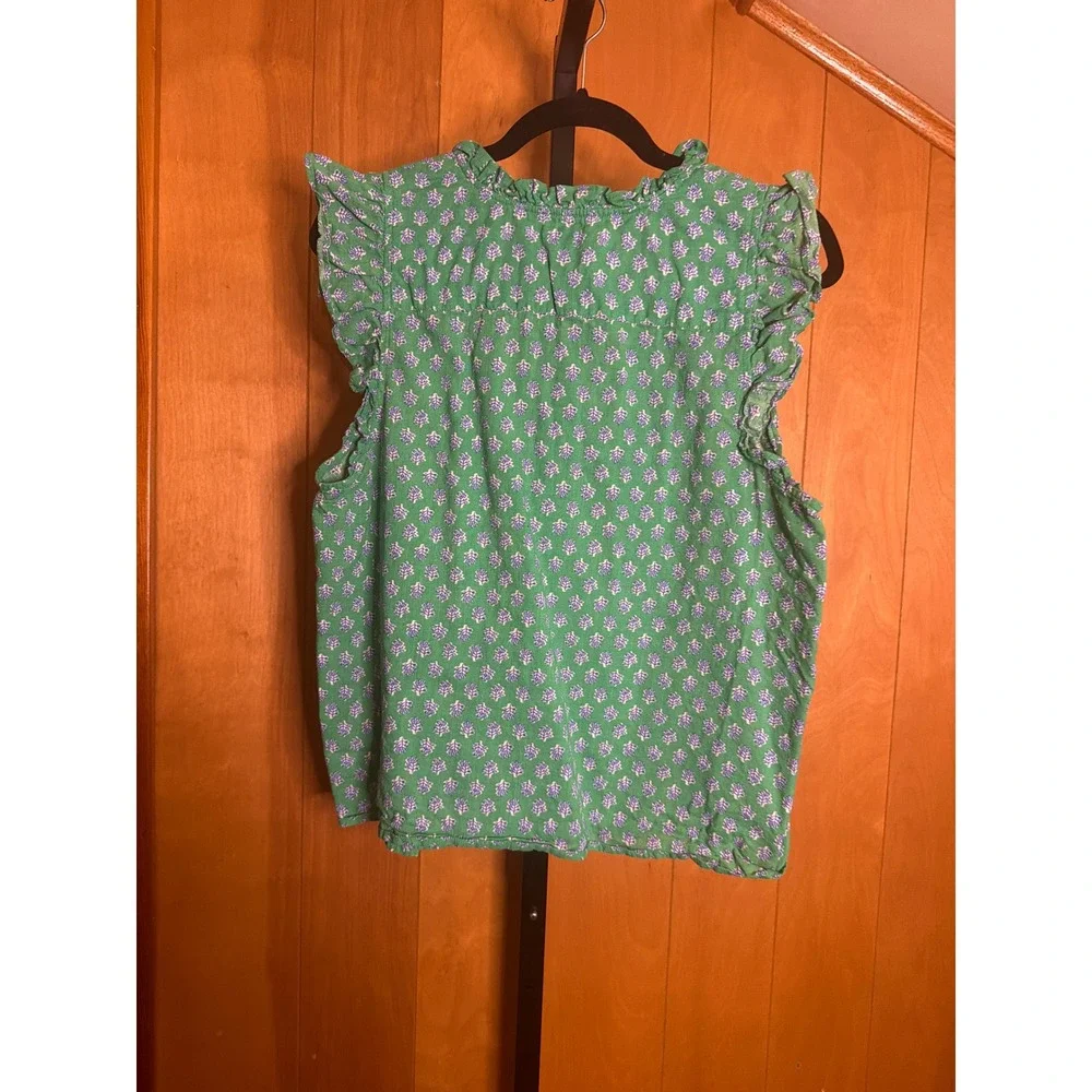 J.Crew Green Floral Block Print Ruffle Flutter Sleeve Cotton Blouse Top Large